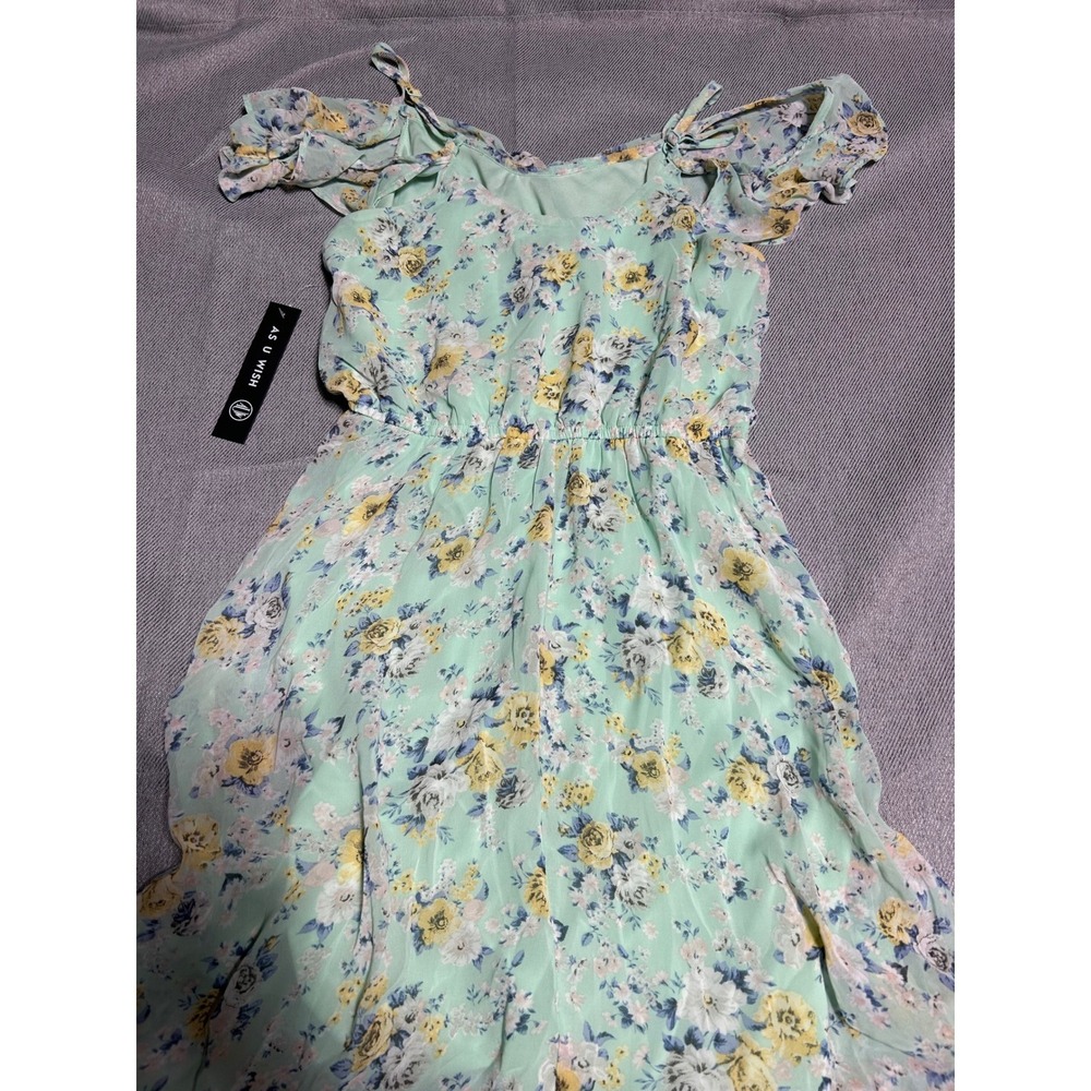 As U Wish Juniors Small Green Kentucky Derby Dress Floral High Low Cold Shldr - Picture 4 of 6
